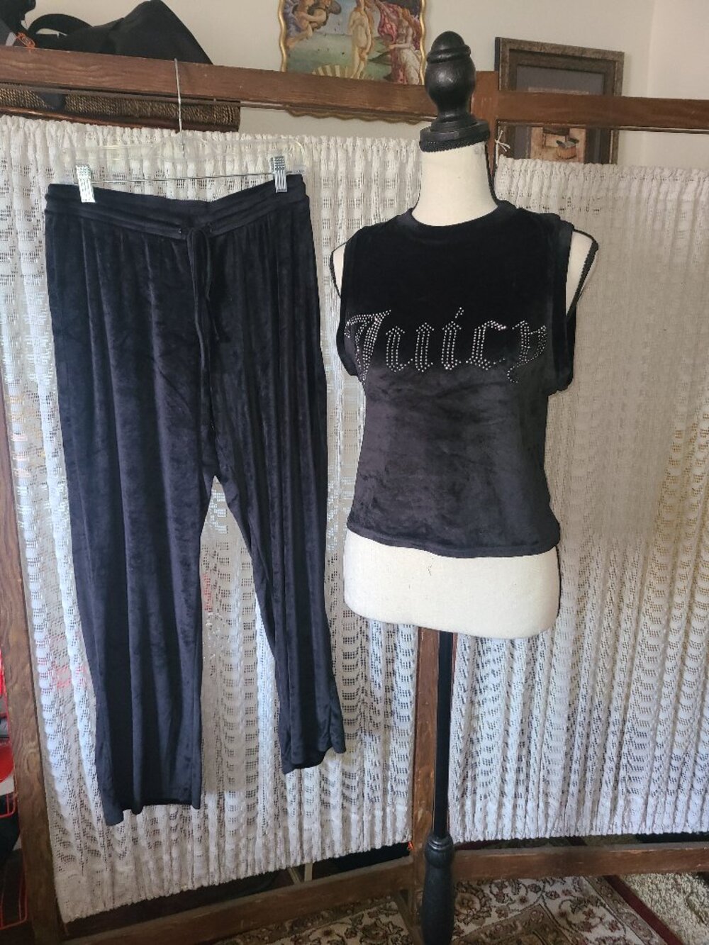 Juicy Couture Pajama Pants Womens Large Black Velour Rhinestone Logo Sleepwear